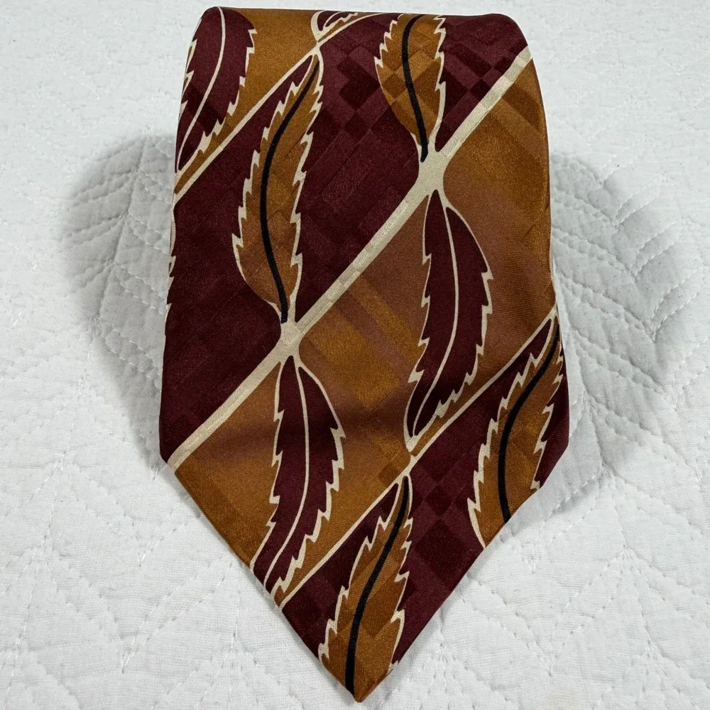Polo Ralph Lauren Hollywood Collection Silk Tie Burgundy‎ Gold Art Deco Leaf EUC